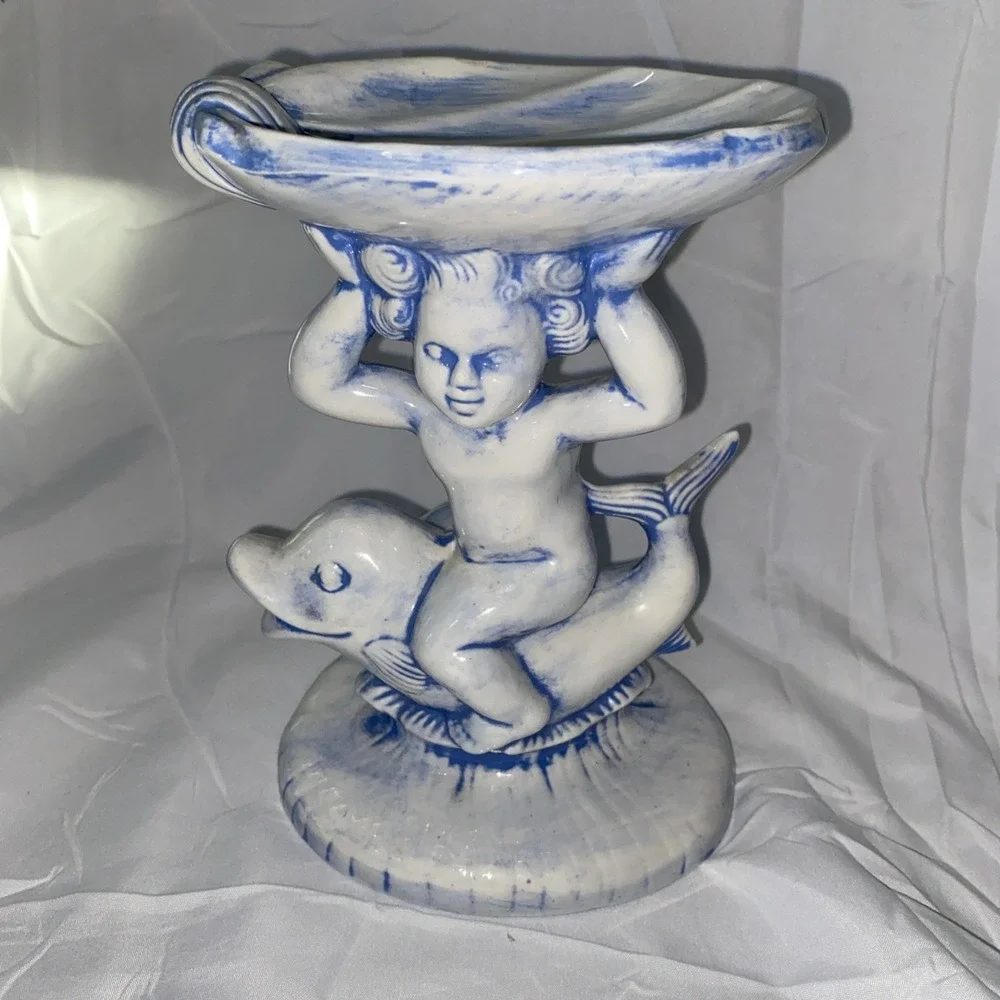Vtg Ceramic Holland Mold Cherub On Dolphin Soap Dish